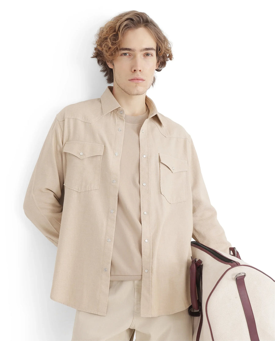 Rare Rabbit Men's Haxlr Beige Cotton Blend Plain Regular Fit Full Sleeve Collared Shirt