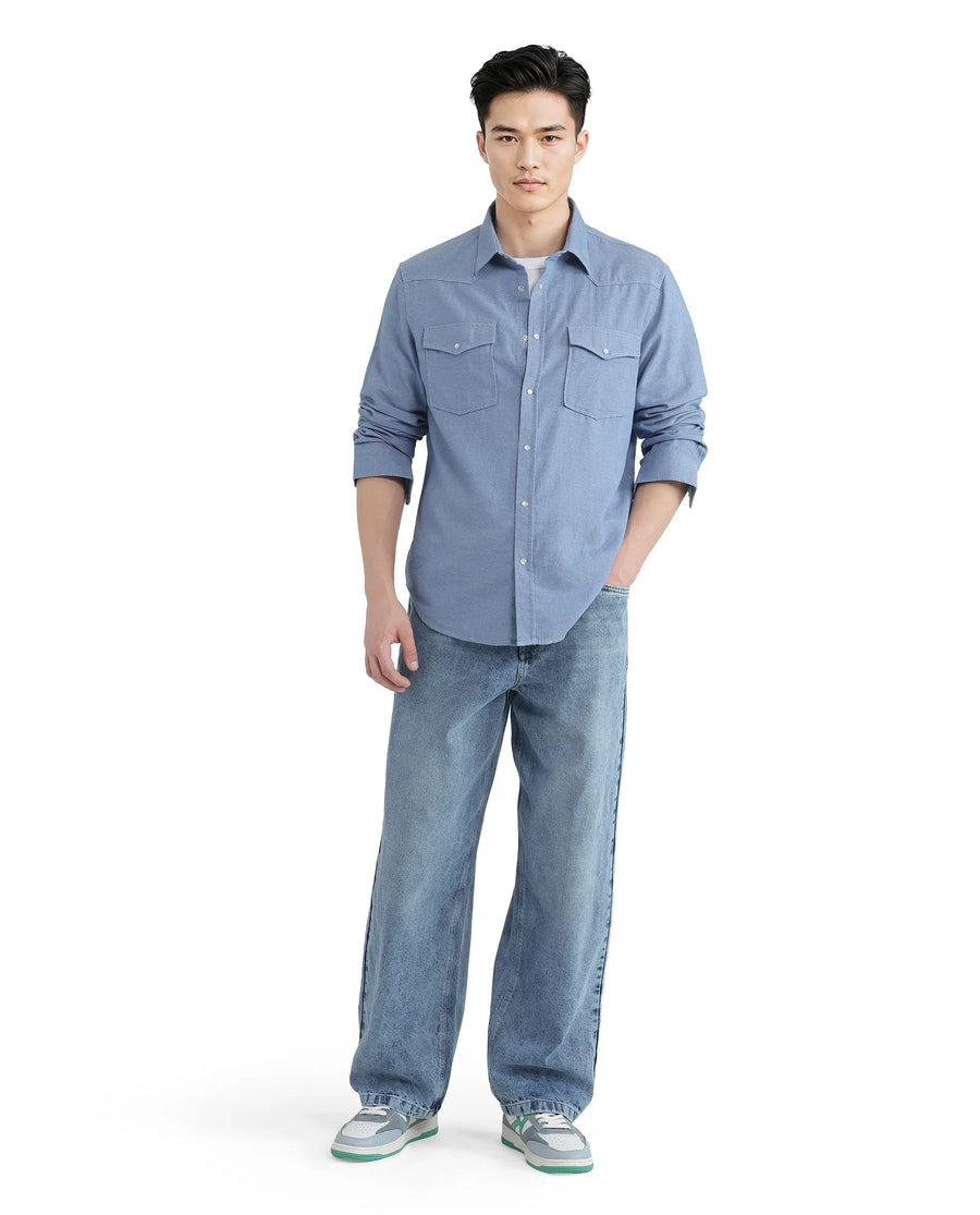 Rare Rabbit Men's Haxlr Blue Cotton Blend Plain Regular Fit Full Sleeve Collared Shirt