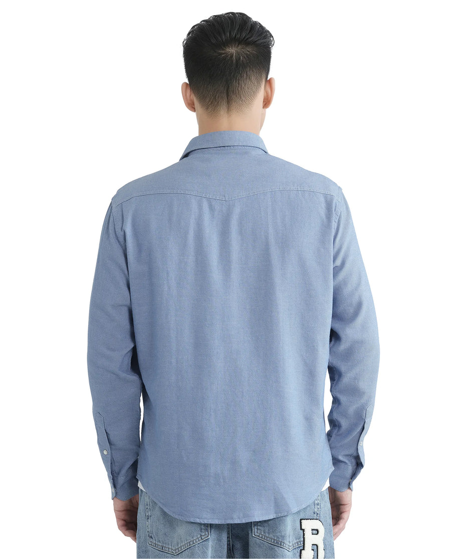 Rare Rabbit Men's Haxlr Blue Cotton Blend Plain Regular Fit Full Sleeve Collared Shirt