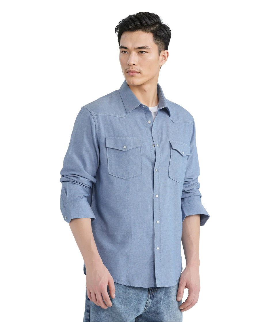 Rare Rabbit Men's Haxlr Blue Cotton Blend Plain Regular Fit Full Sleeve Collared Shirt