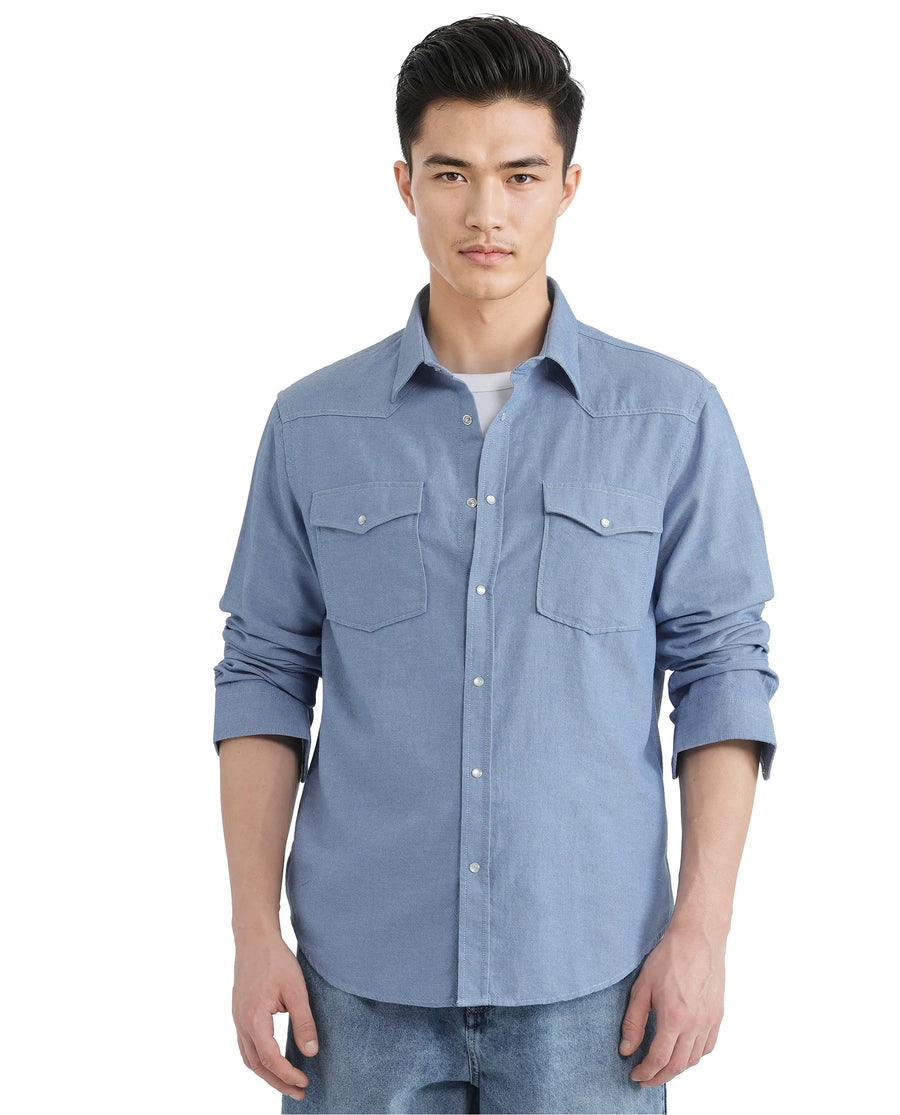 Rare Rabbit Men's Haxlr Blue Cotton Blend Plain Regular Fit Full Sleeve Collared Shirt