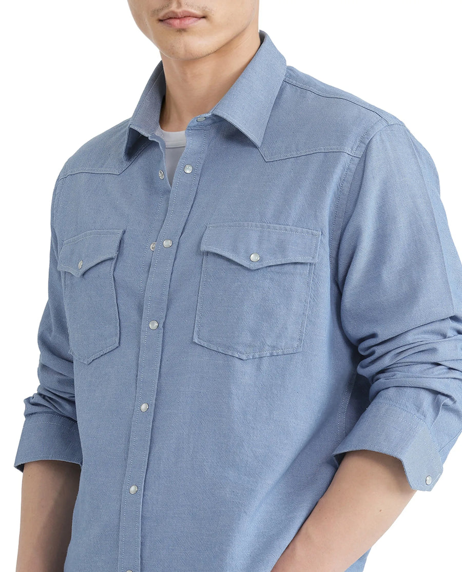 Rare Rabbit Men's Haxlr Blue Cotton Blend Plain Regular Fit Full Sleeve Collared Shirt