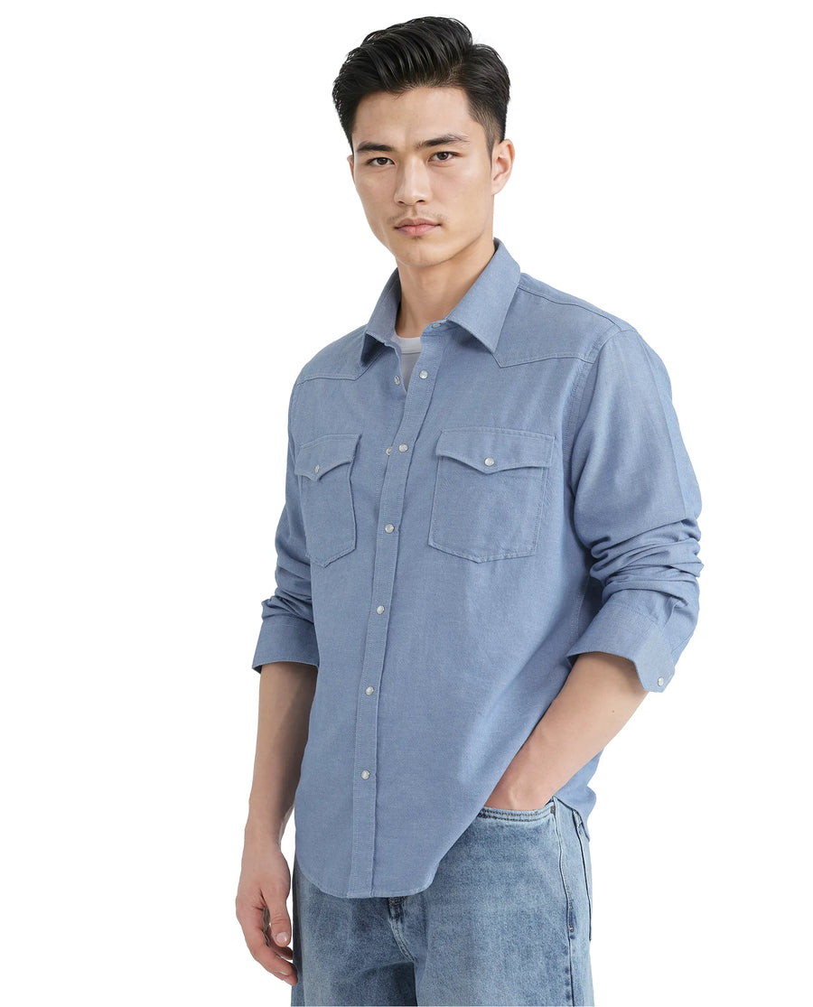 Rare Rabbit Men's Haxlr Blue Cotton Blend Plain Regular Fit Full Sleeve Collared Shirt