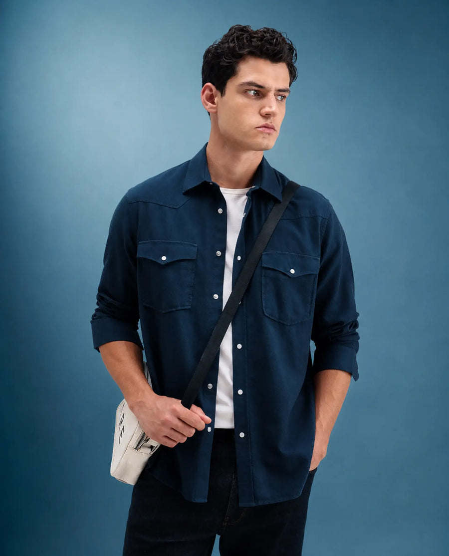 Rare Rabbit Men's Haxlr 26 Navy Cotton Blend Fabric Full Sleeve Spread Collar Snap Button Regular Fit Plain Shirt