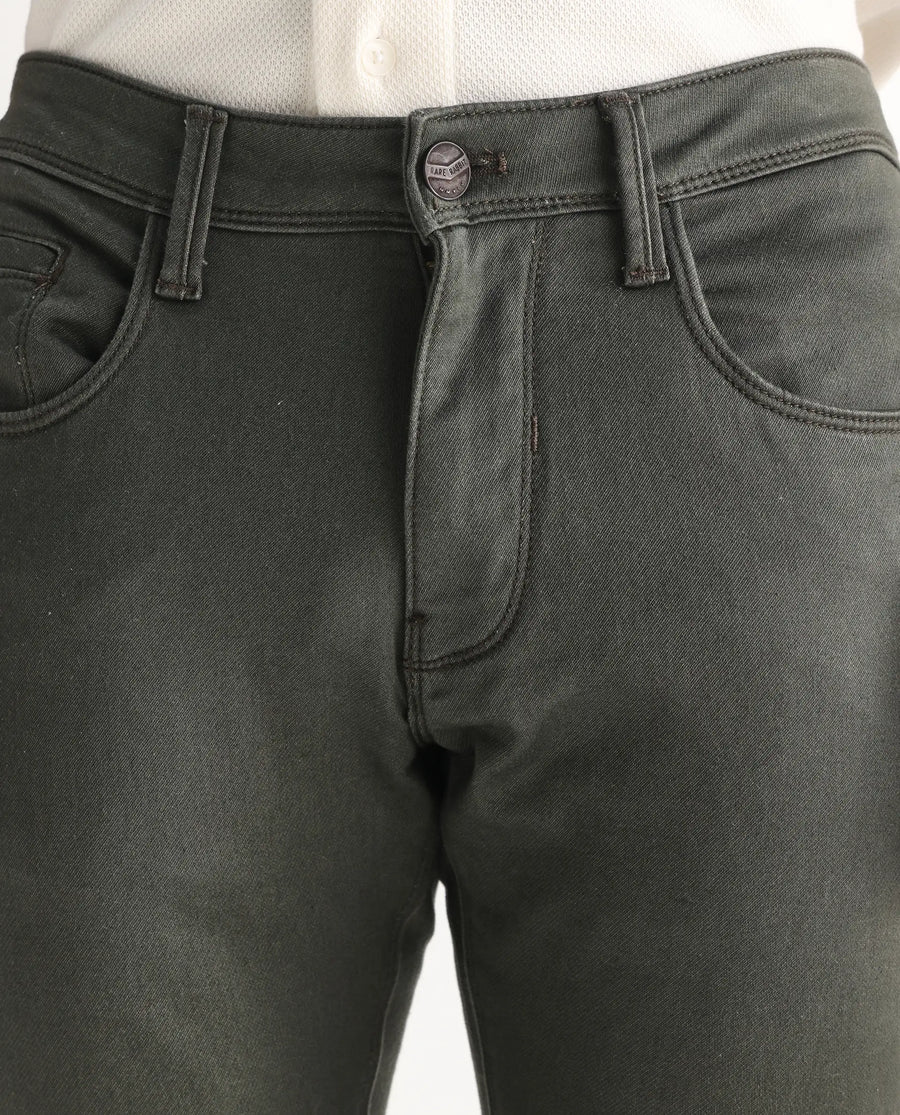 Rare Rabbit Men's Hede Olive Cotton Plain Hawk Slim Fit Jeans