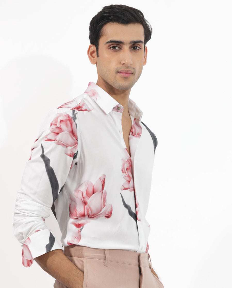 Rare Rabbit Men's Hegda White Viscose Floral Print Boxy Fit Full Sleeve Collared Shirt