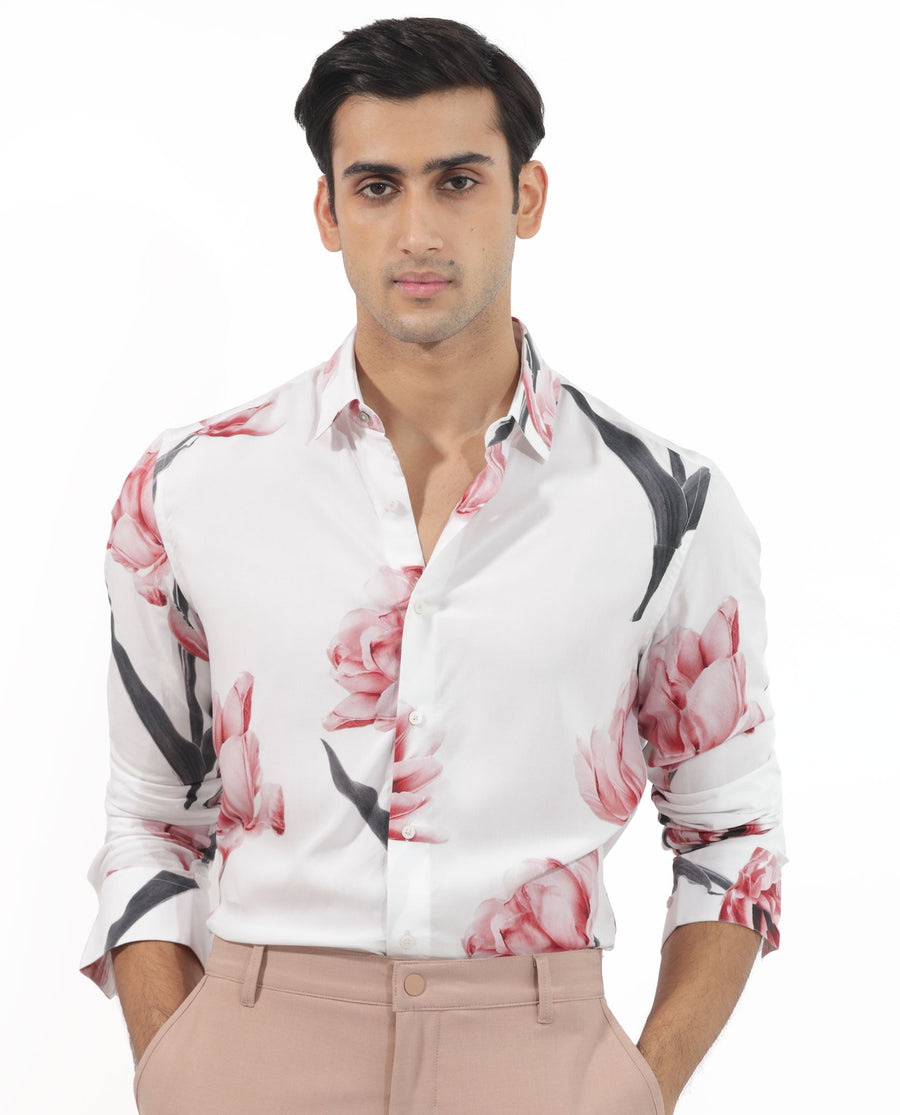 Rare Rabbit Men's Hegda White Viscose Floral Print Boxy Fit Full Sleeve Collared Shirt