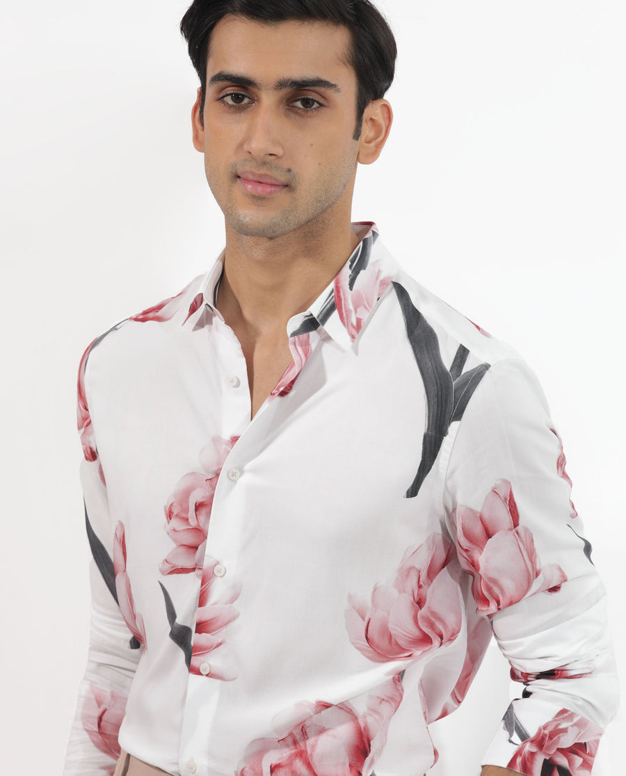 Rare Rabbit Men's Hegda White Viscose Floral Print Boxy Fit Full Sleeve Collared Shirt