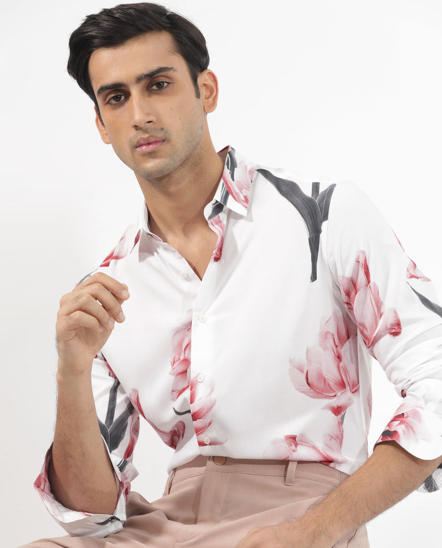 Rare Rabbit Men's Hegda White Viscose Floral Print Boxy Fit Full Sleeve Collared Shirt