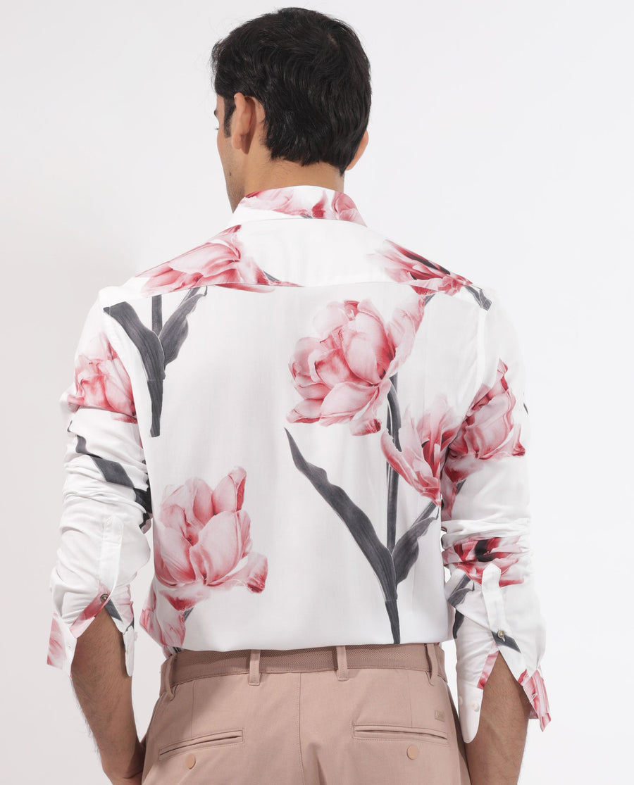 Rare Rabbit Men's Hegda White Viscose Floral Print Boxy Fit Full Sleeve Collared Shirt