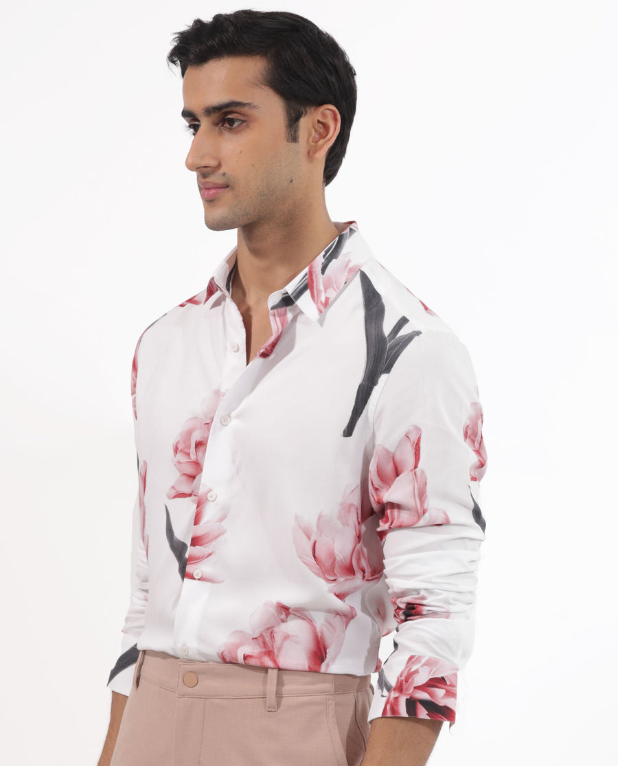 Rare Rabbit Men's Hegda White Viscose Floral Print Boxy Fit Full Sleeve Collared Shirt