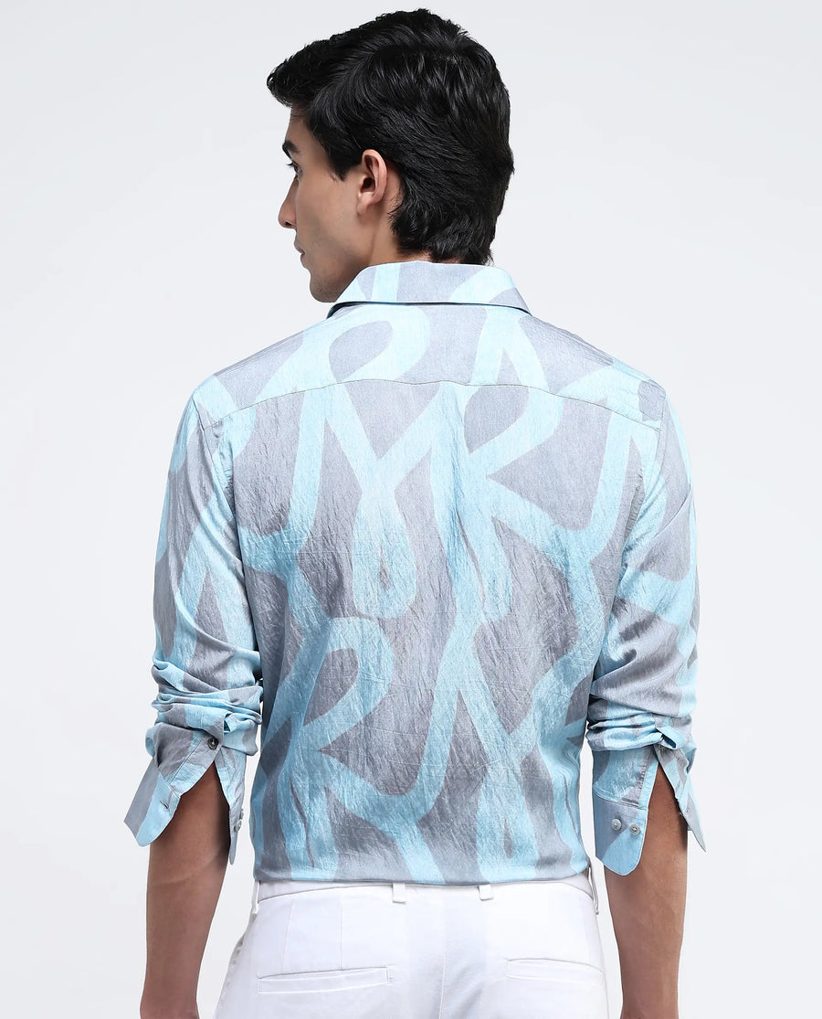 Rare Rabbit Men's Helg Pastel Blue Cotton Abstract Print Regular Fit Full Sleeve Collared Shirt