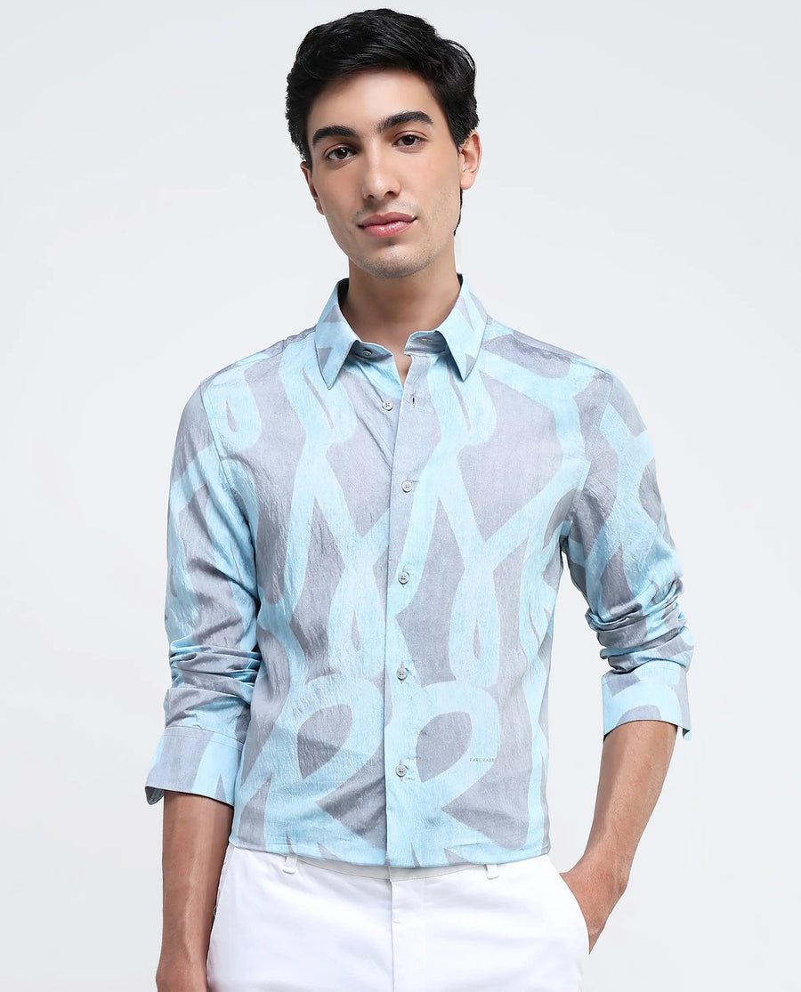 Rare Rabbit Men's Helg Pastel Blue Cotton Abstract Print Regular Fit Full Sleeve Collared Shirt