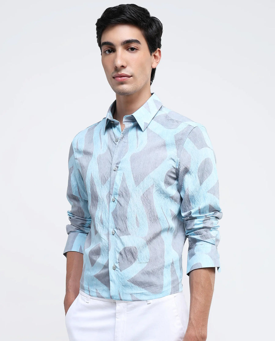 Rare Rabbit Men's Helg Pastel Blue Cotton Abstract Print Regular Fit Full Sleeve Collared Shirt