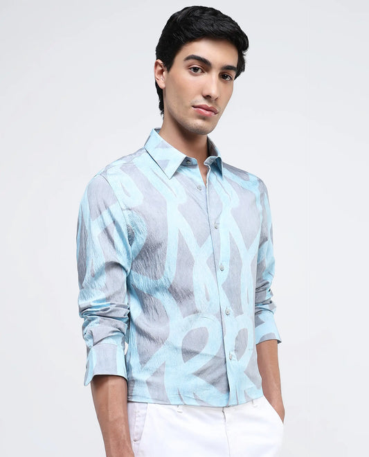 Rare Rabbit Men's Helg Pastel Blue Cotton Abstract Print Regular Fit Full Sleeve Collared Shirt