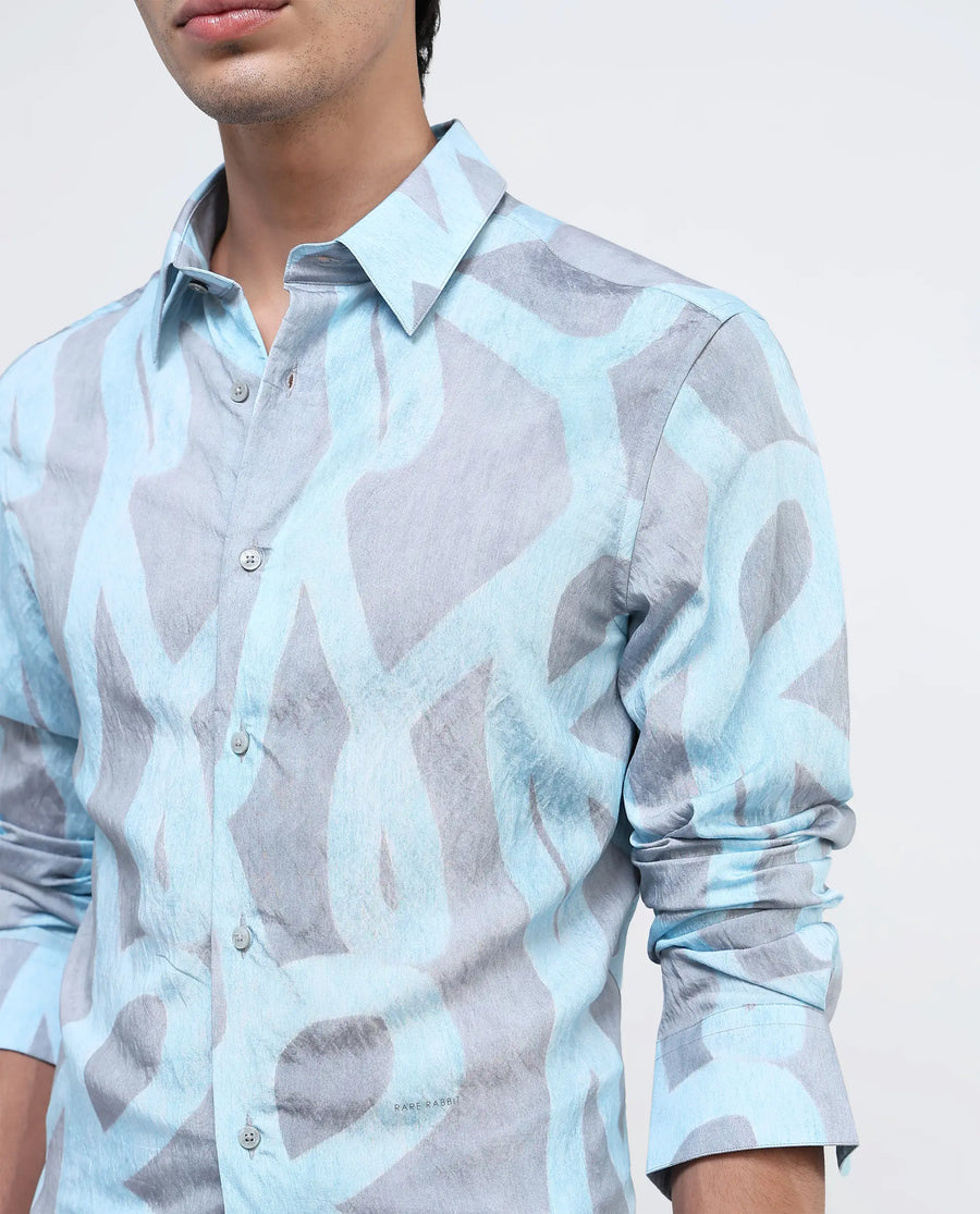 Rare Rabbit Men's Helg Pastel Blue Cotton Abstract Print Regular Fit Full Sleeve Collared Shirt