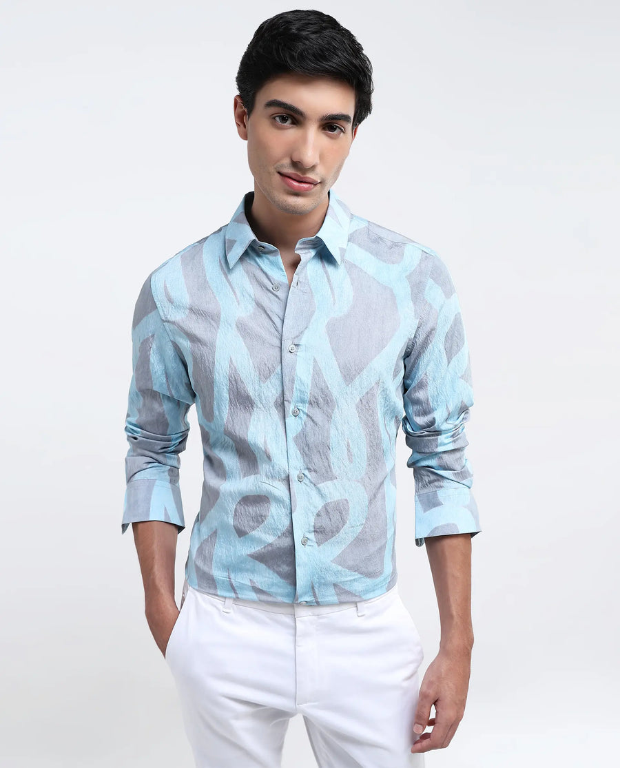 Rare Rabbit Men's Helg Pastel Blue Cotton Abstract Print Regular Fit Full Sleeve Collared Shirt