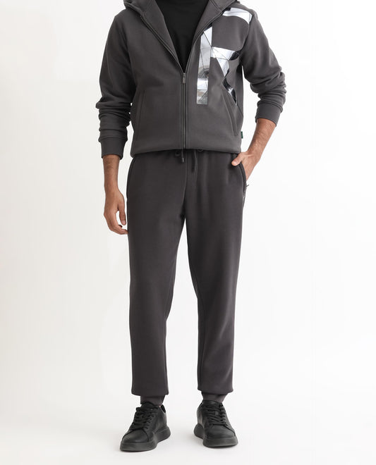Rare Rabbit Men's Helna Dark Grey Cotton Plain Regular Fit Joggers