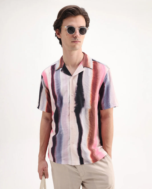 Rare Rabbit Men's Helor Multi Viscose Blend Abstract Print Relaxed Fit Half Sleeve Cuban Collar Shirt