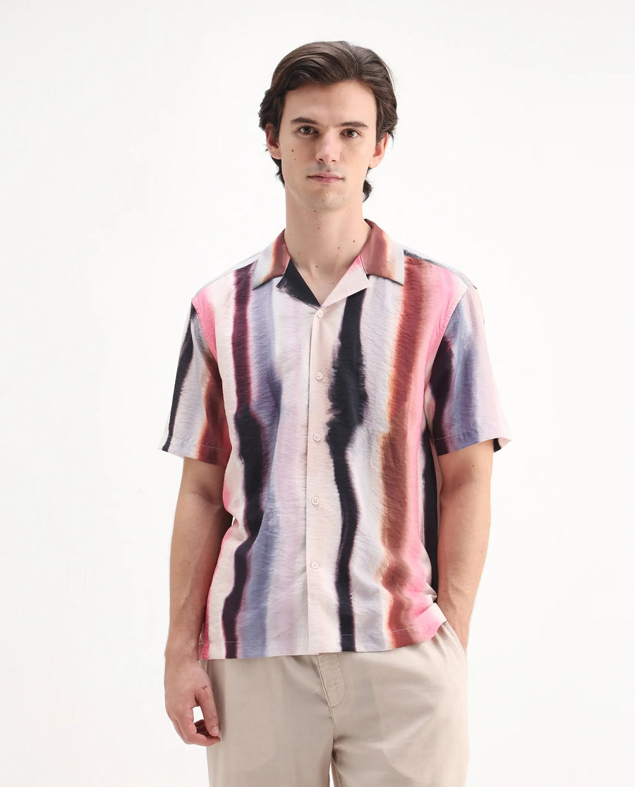 Rare Rabbit Men's Helor Multi Viscose Blend Abstract Print Relaxed Fit Half Sleeve Cuban Collar Shirt