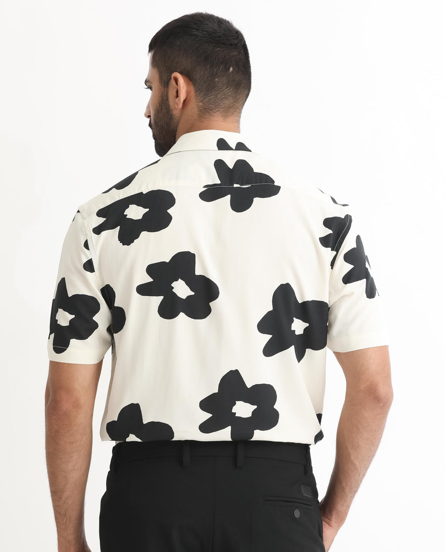 Rare Rabbit Men's Heming Beige Viscose Floral Print Regular Fit Half Sleeve Cuban Collar Shirt
