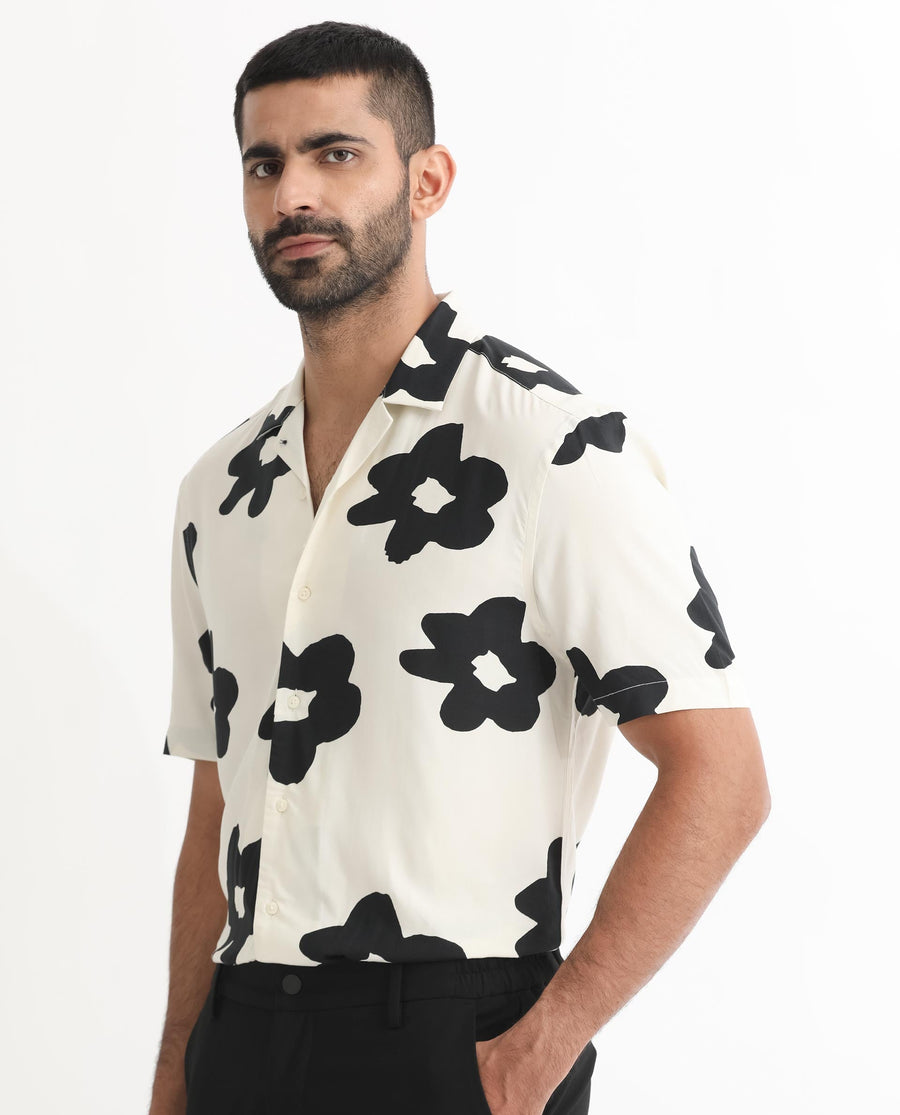 Rare Rabbit Men's Heming Beige Viscose Floral Print Regular Fit Half Sleeve Cuban Collar Shirt