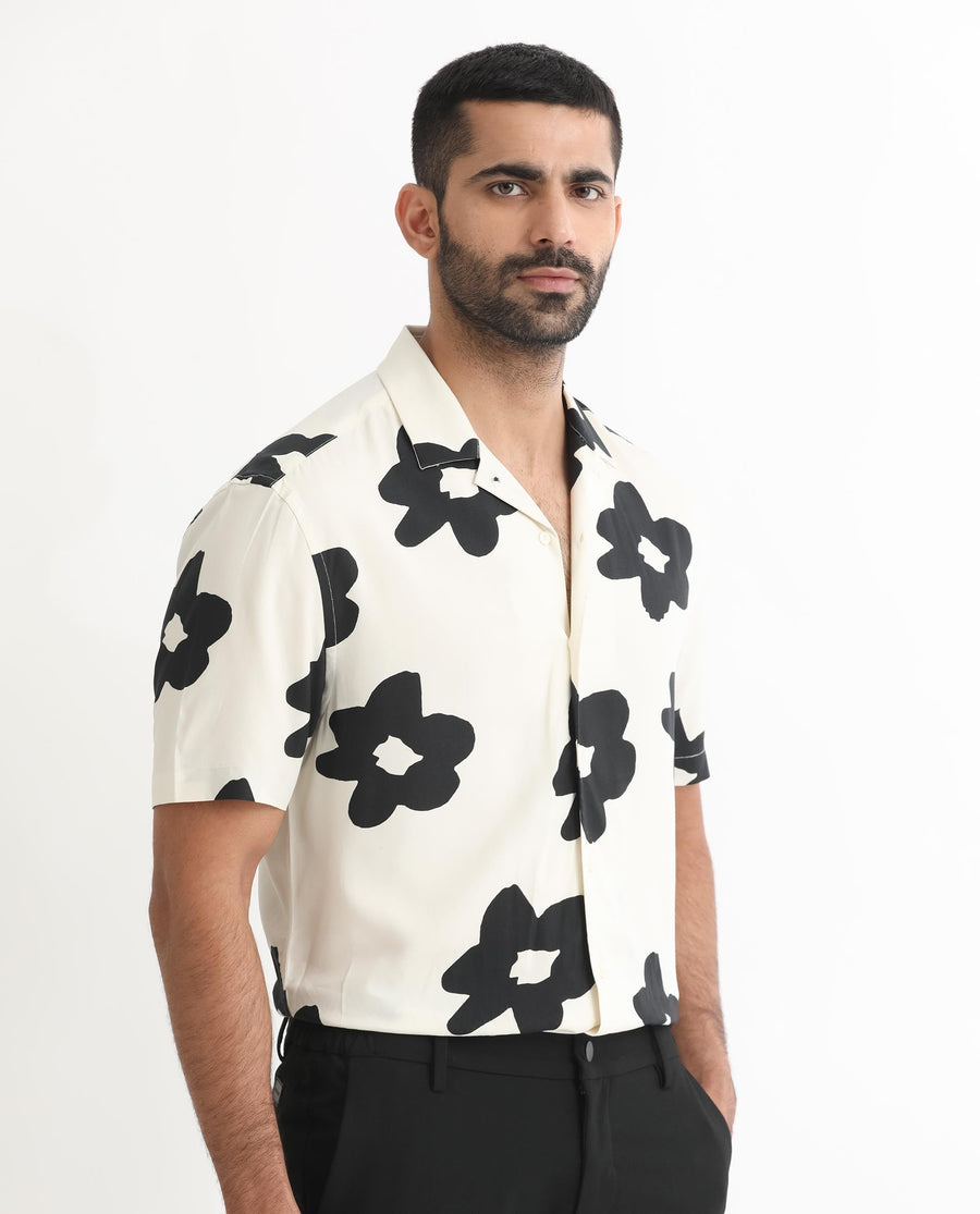 Rare Rabbit Men's Heming Beige Viscose Floral Print Regular Fit Half Sleeve Cuban Collar Shirt