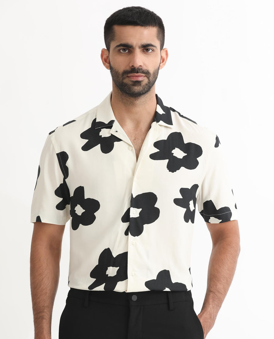 Rare Rabbit Men's Heming Beige Viscose Floral Print Regular Fit Half Sleeve Cuban Collar Shirt