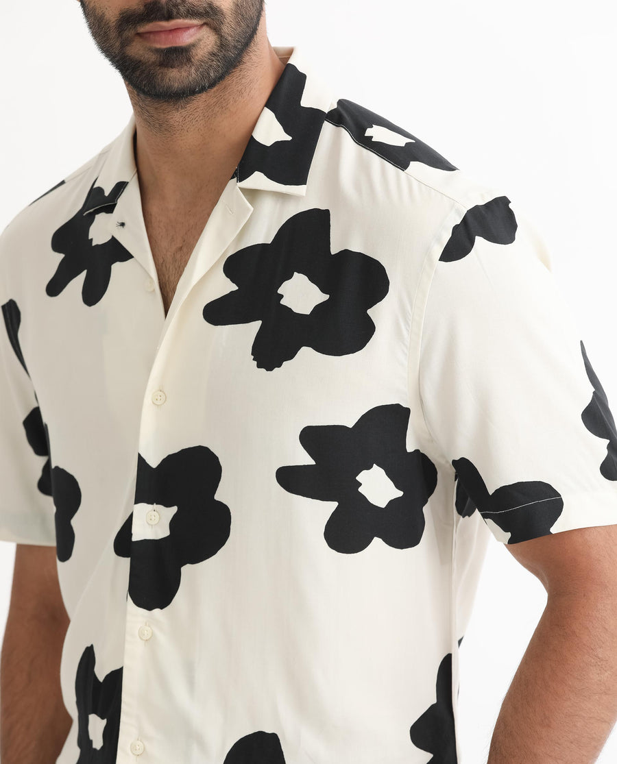 Rare Rabbit Men's Heming Beige Viscose Floral Print Regular Fit Half Sleeve Cuban Collar Shirt