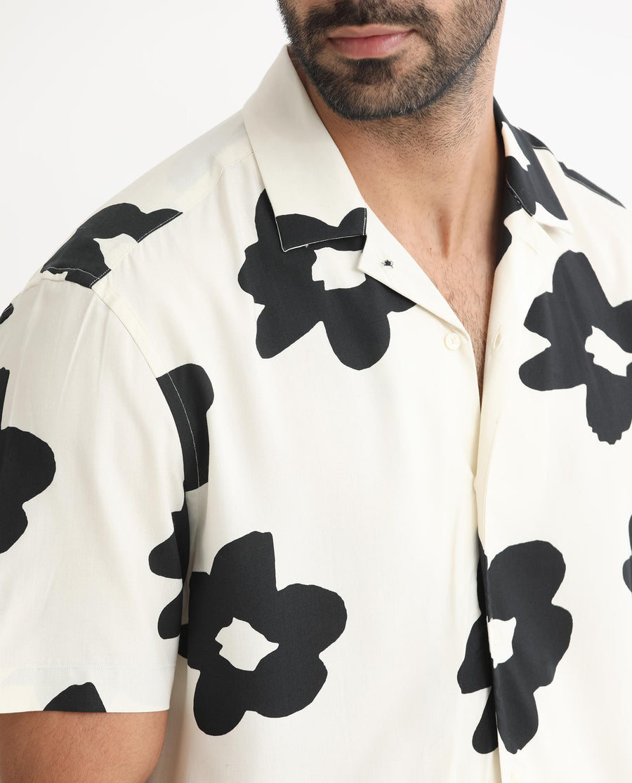 Rare Rabbit Men's Heming Beige Viscose Floral Print Regular Fit Half Sleeve Cuban Collar Shirt
