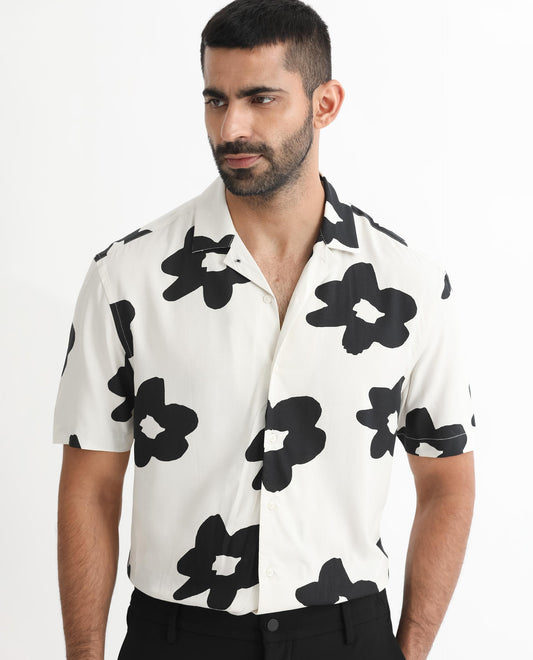 Rare Rabbit Men's Heming Beige Viscose Floral Print Regular Fit Half Sleeve Cuban Collar Shirt