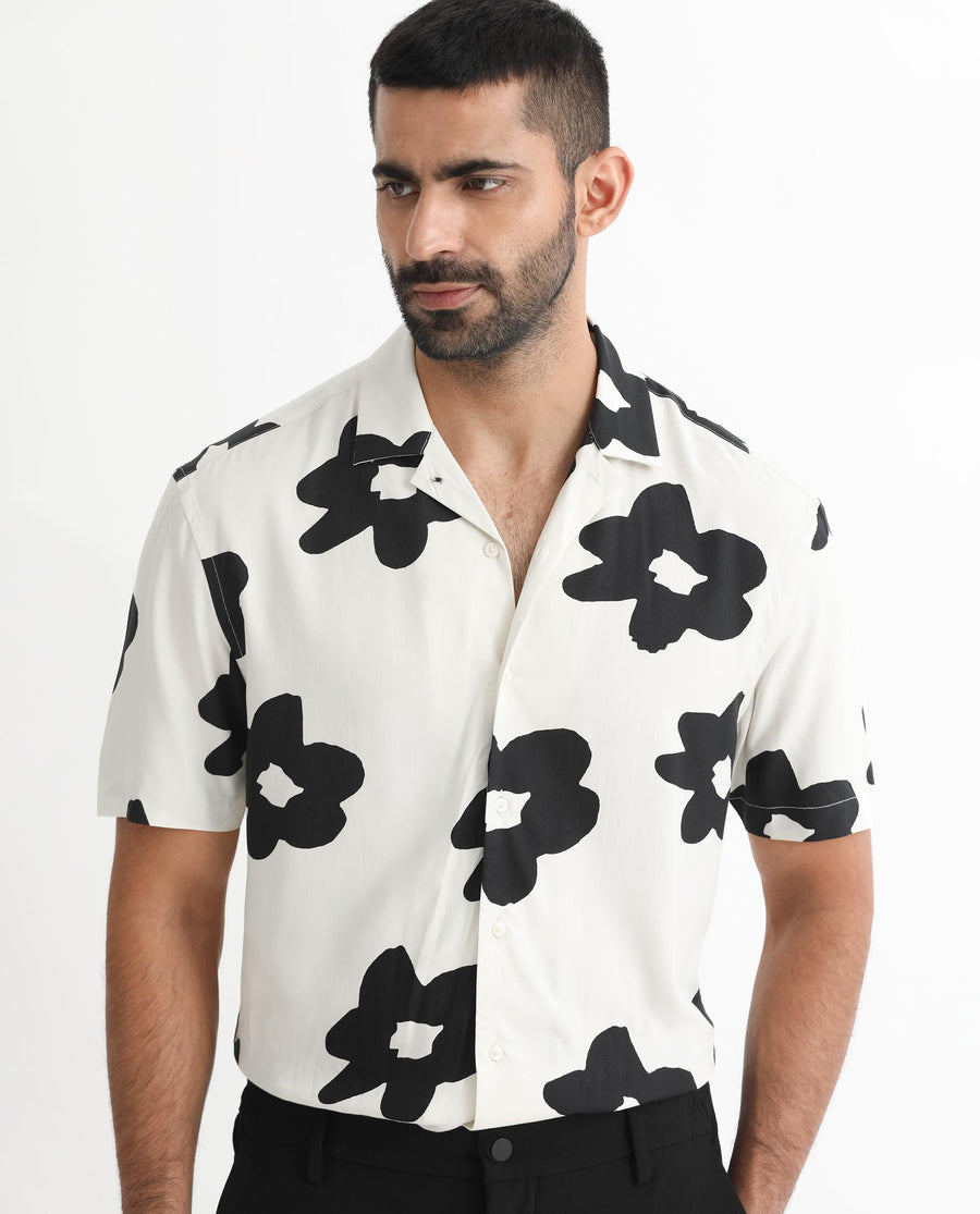 Rare Rabbit Men's Heming Beige Viscose Floral Print Regular Fit Half Sleeve Cuban Collar Shirt