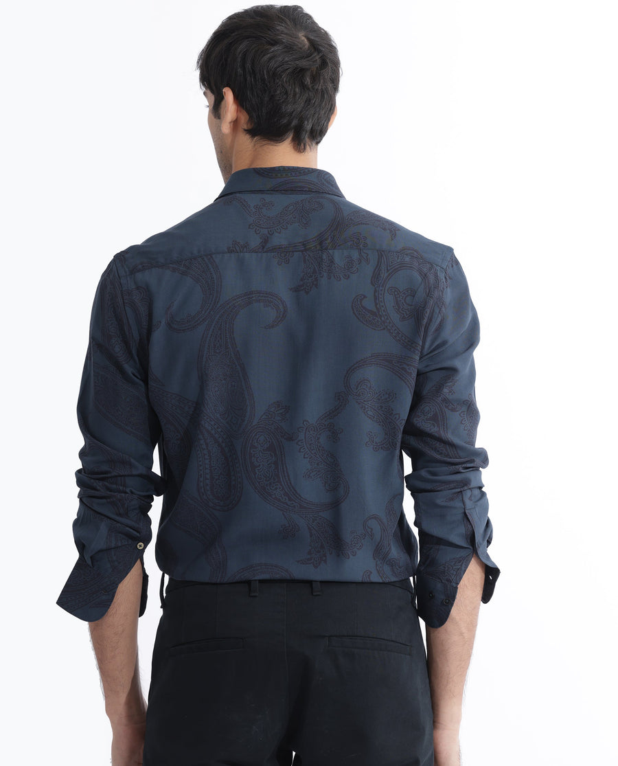 Rare Rabbit Men's Hera Blue Viscose Paisley Print Regular Fit Full Sleeve Collared Shirt