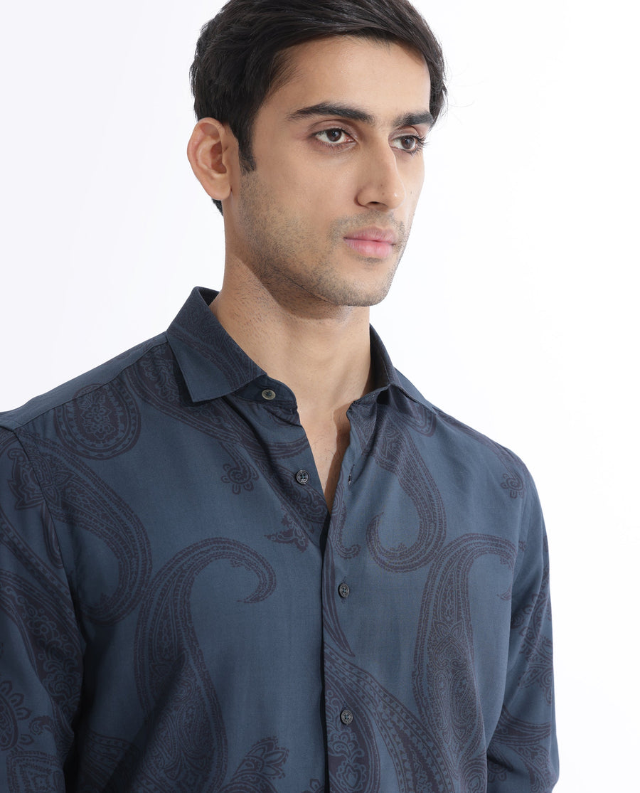 Rare Rabbit Men's Hera Blue Viscose Paisley Print Regular Fit Full Sleeve Collared Shirt