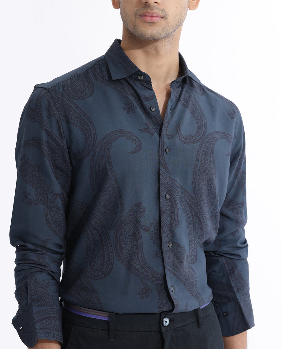 Rare Rabbit Men's Hera Blue Viscose Paisley Print Regular Fit Full Sleeve Collared Shirt