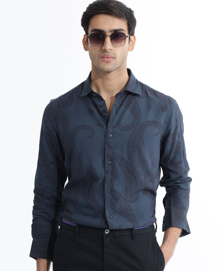 Rare Rabbit Men's Hera Blue Viscose Paisley Print Regular Fit Full Sleeve Collared Shirt