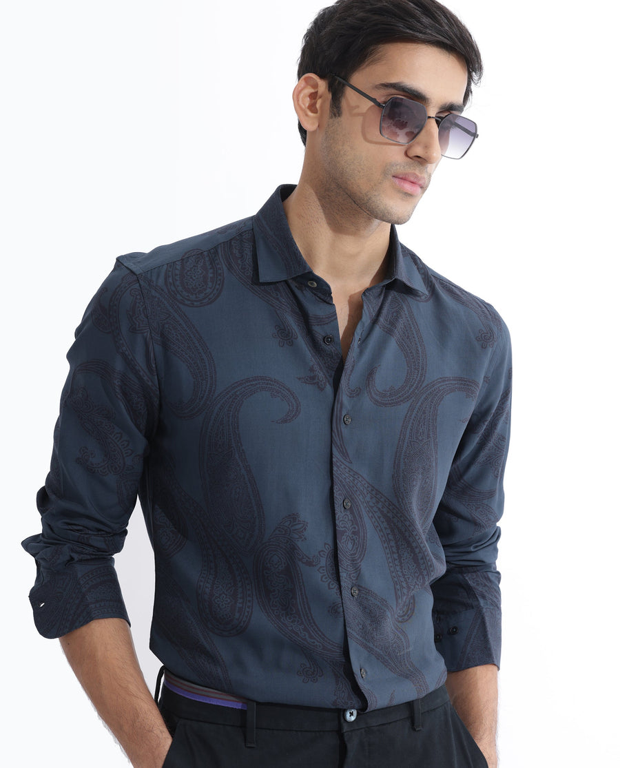 Rare Rabbit Men's Hera Blue Viscose Paisley Print Regular Fit Full Sleeve Collared Shirt
