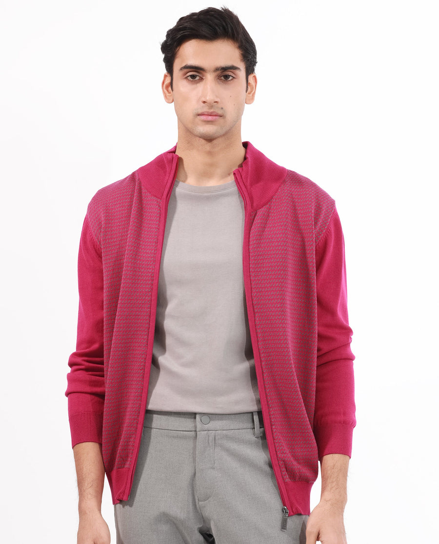 Rare Rabbit Men's Heritage Pink Cotton Jacquard Regular Fit Full Sleeve High Neck Sweater
