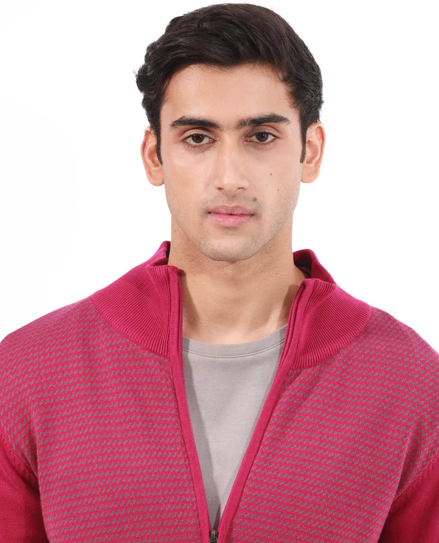 Rare Rabbit Men's Heritage Pink Cotton Jacquard Regular Fit Full Sleeve High Neck Sweater
