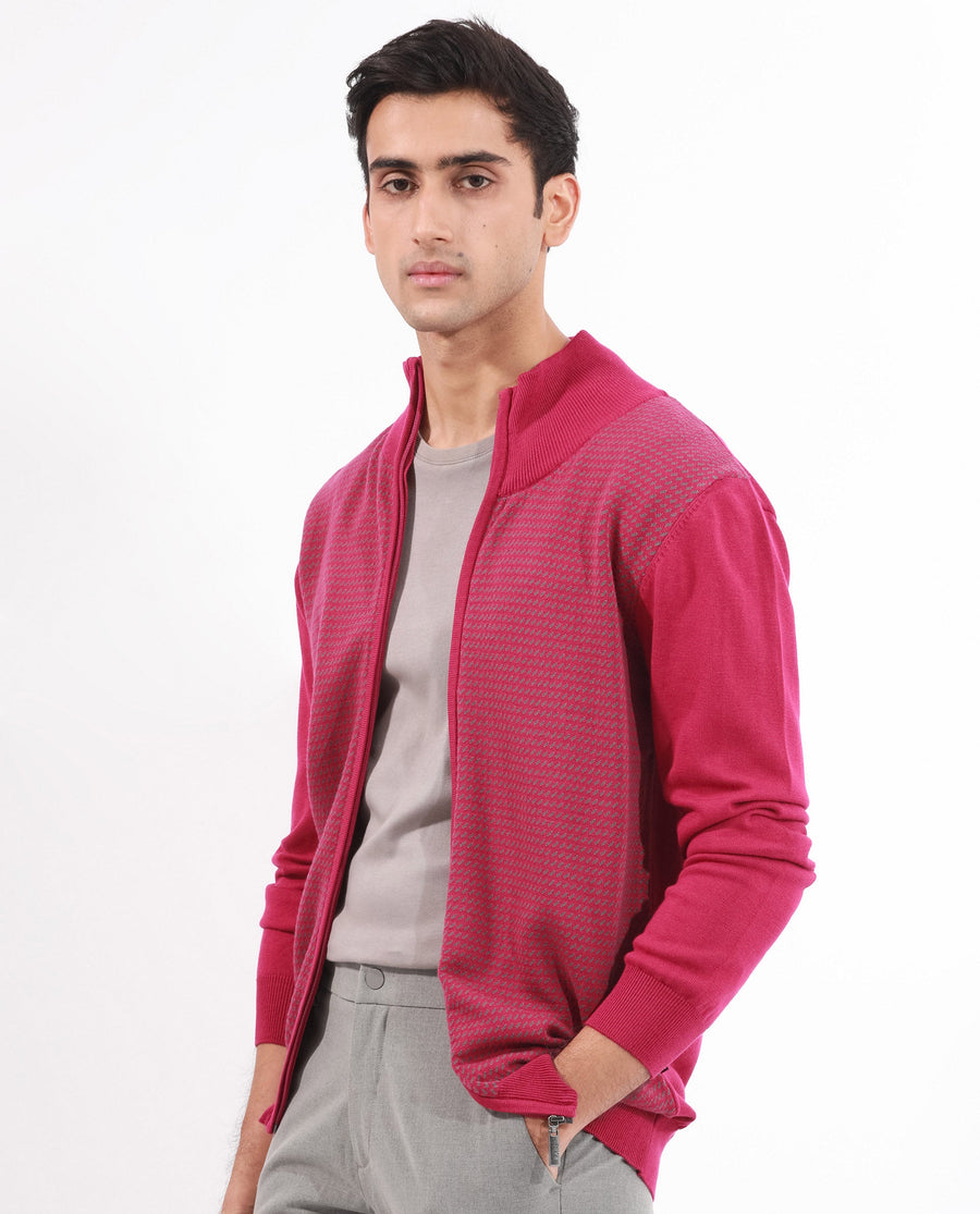 Rare Rabbit Men's Heritage Pink Cotton Jacquard Regular Fit Full Sleeve High Neck Sweater