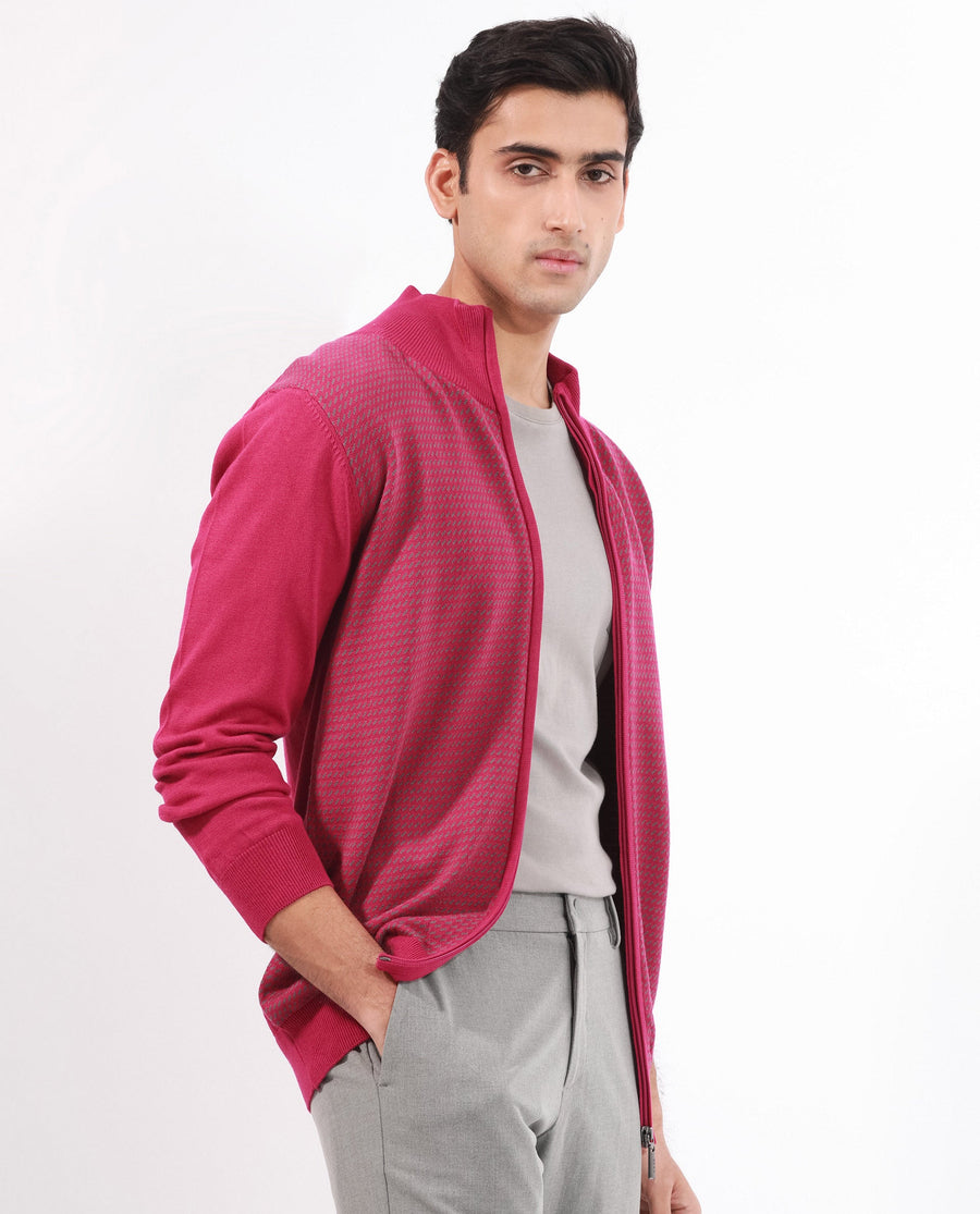 Rare Rabbit Men's Heritage Pink Cotton Jacquard Regular Fit Full Sleeve High Neck Sweater
