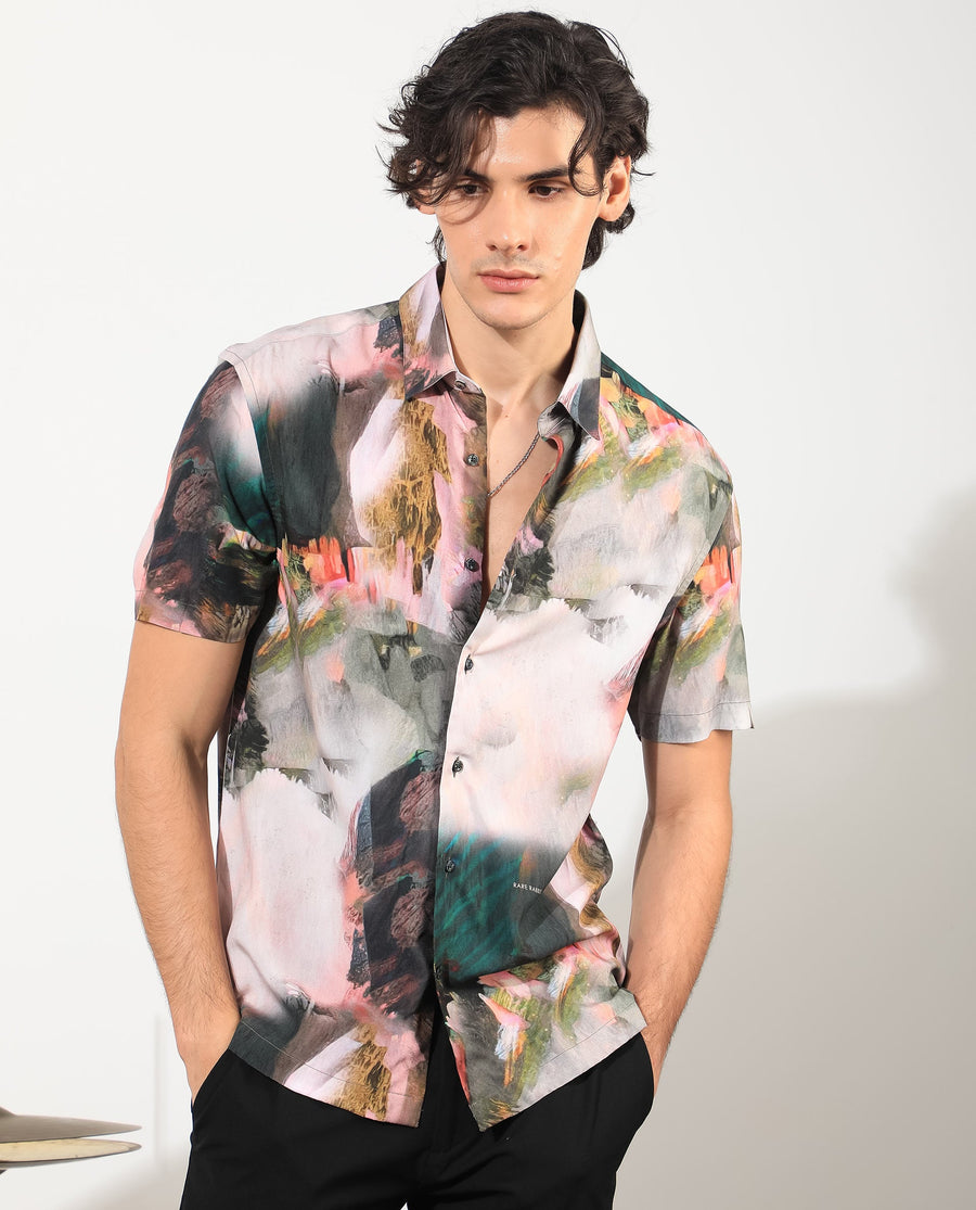 Rare Rabbit Men's Painter Green Viscose Abstract Print Regular Fit Half Sleeve Collared Shirt