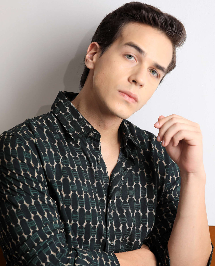 Rare Rabbit Men's Oliver Green Viscose Geometric Print Regular Fit Full Sleeve Collared Shirt