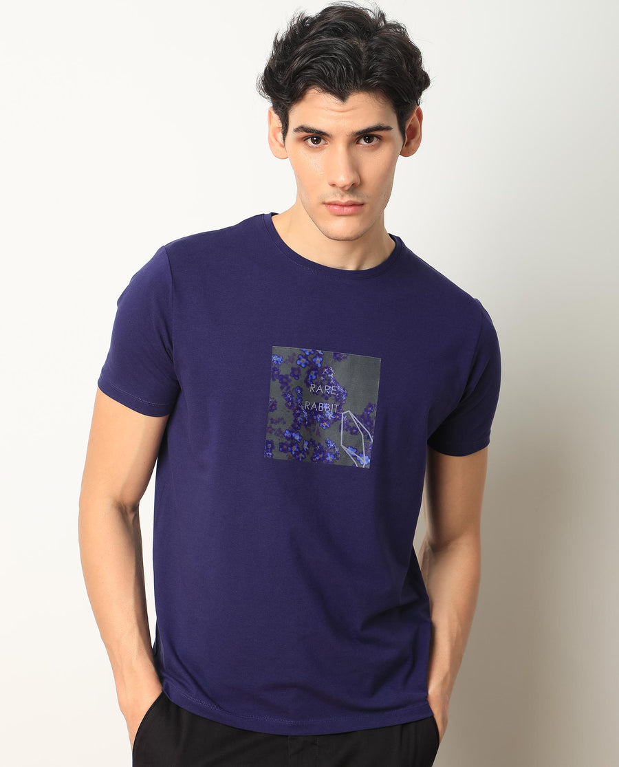 Rare Rabbit Men's Capri Purple Cotton Graphic Print Slim Fit Half Sleeve Crew Neck T-Shirt
