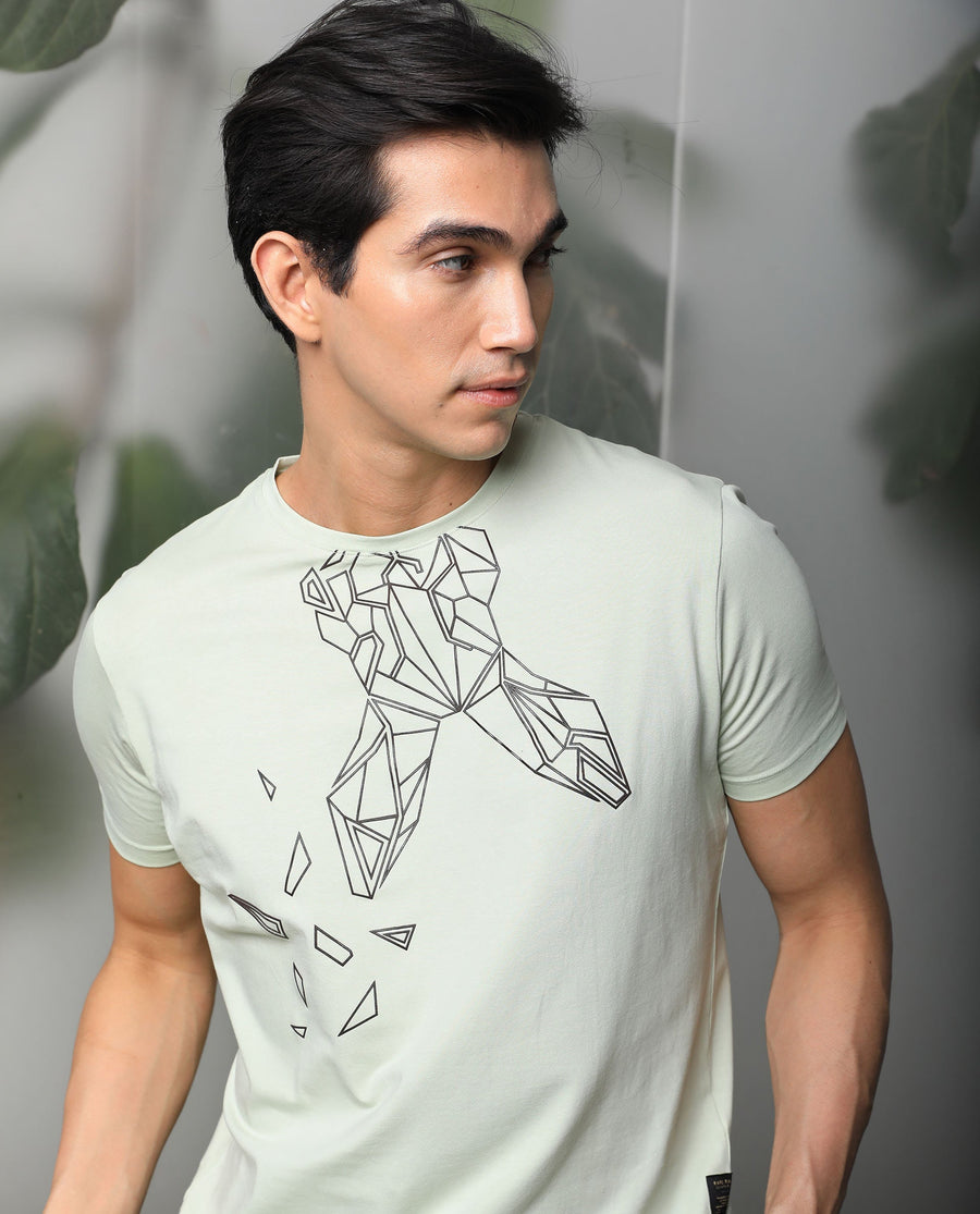 Rare Rabbit Men's Loginn Olive Cotton Graphic Print Slim Fit Half Sleeve Crew Neck T-Shirt