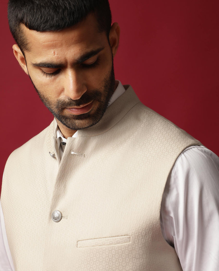 Rare Rabbit Men's Oakla Beige Polyester Jacquard Tailored Fit Sleeveless Mandarin Collar Bandhgala