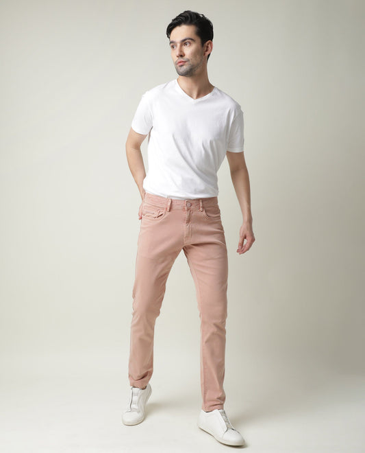 Rare Rabbit Men's Fiv5 Pink Cotton Plain Slim Fit Trouser