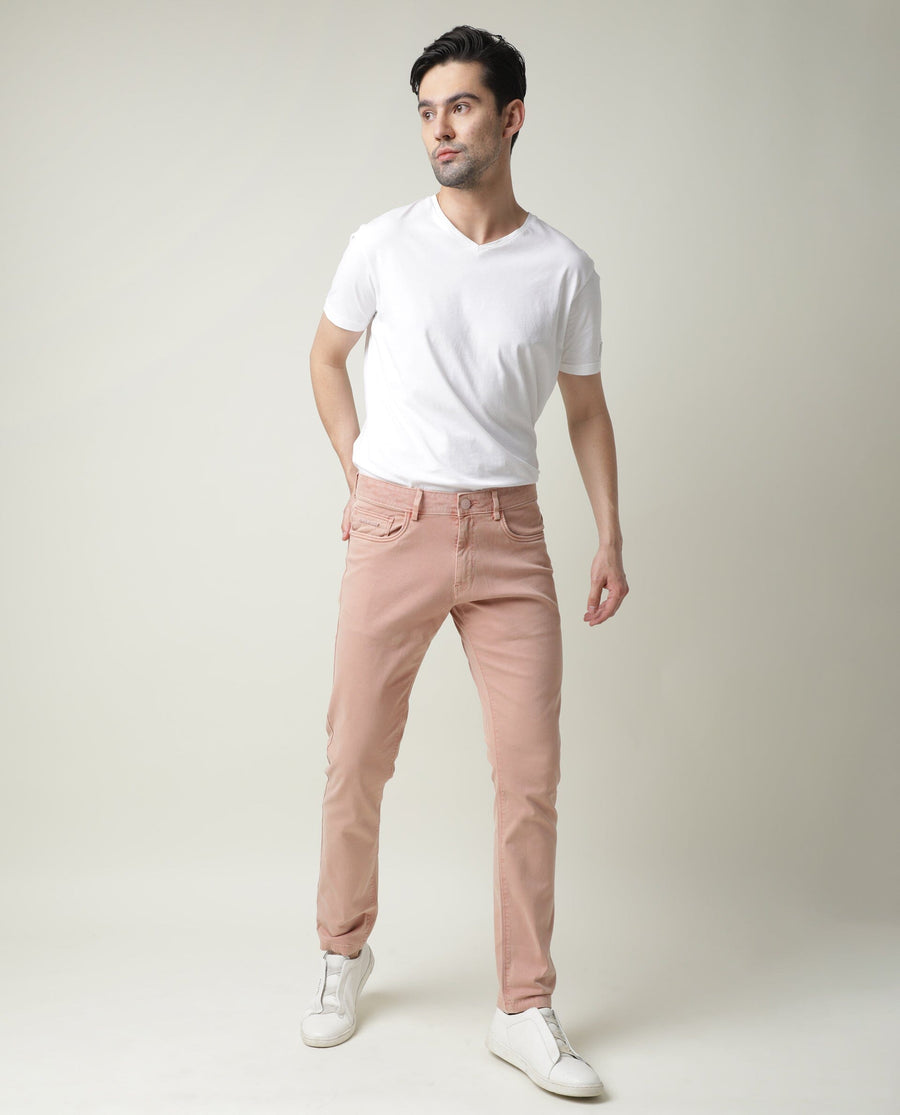 Rare Rabbit Men's Fiv5 Pink Cotton Plain Slim Fit Trouser