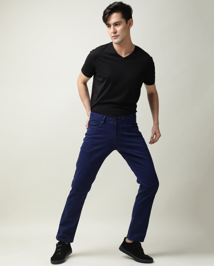 Rare Rabbit Men's Fiv5 Blue Cotton Plain Slim Fit Trouser