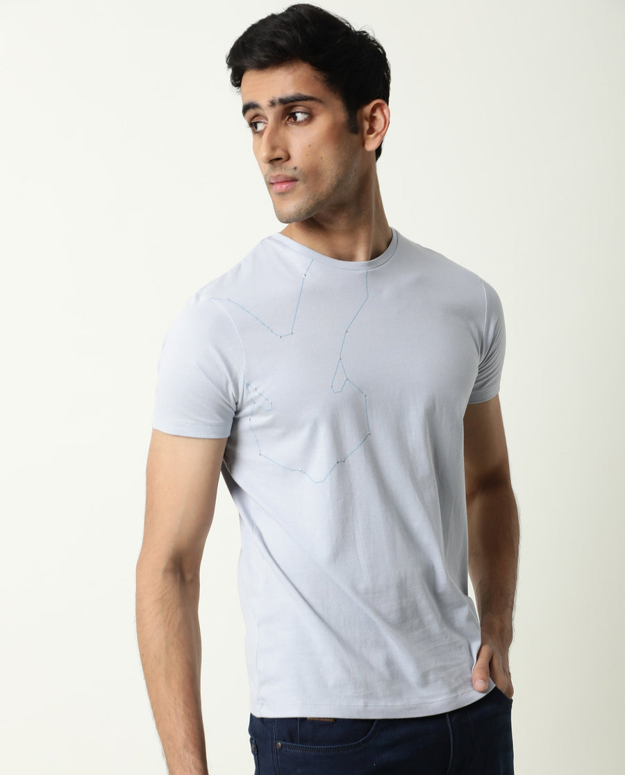 Rare Rabbit Men's Graph Blue Cotton Graphic Print Slim Fit Half Sleeve Crew Neck T-Shirt